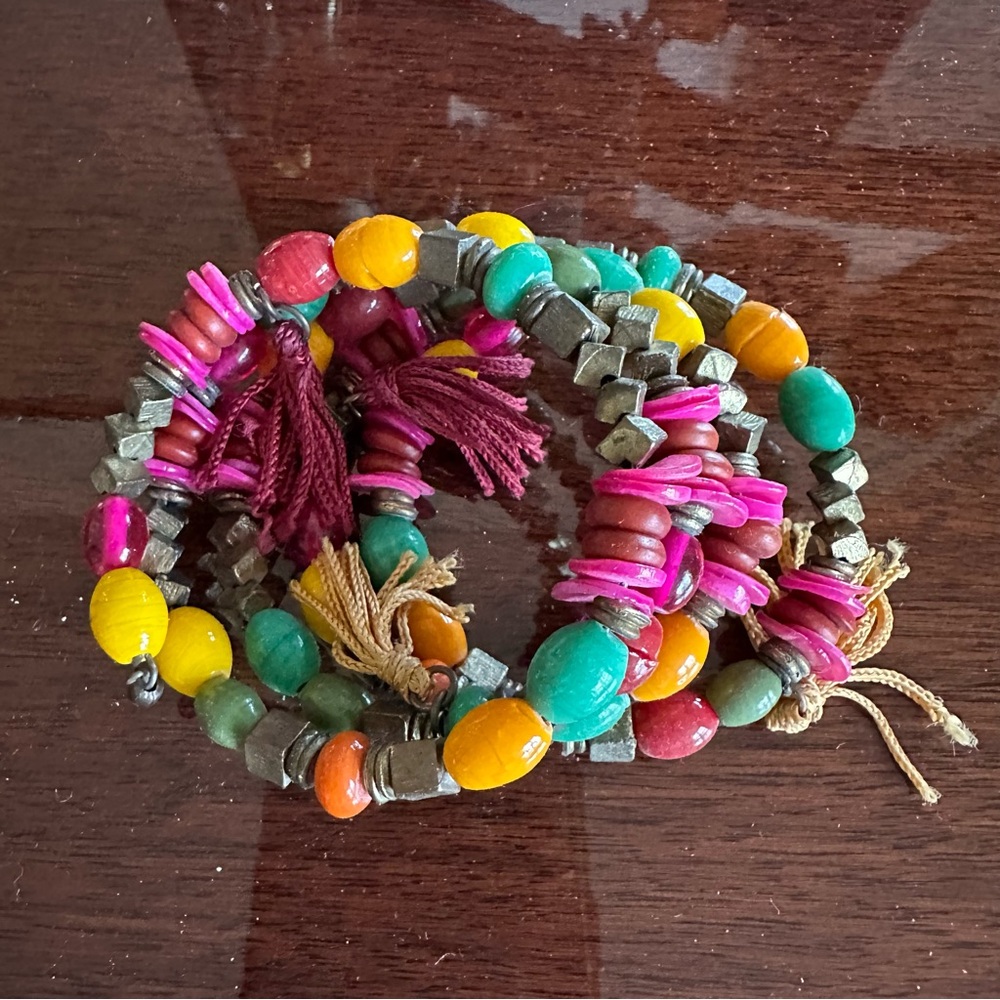 Colorful Beaded Multi-Strand Boho Bracelet with Tassles